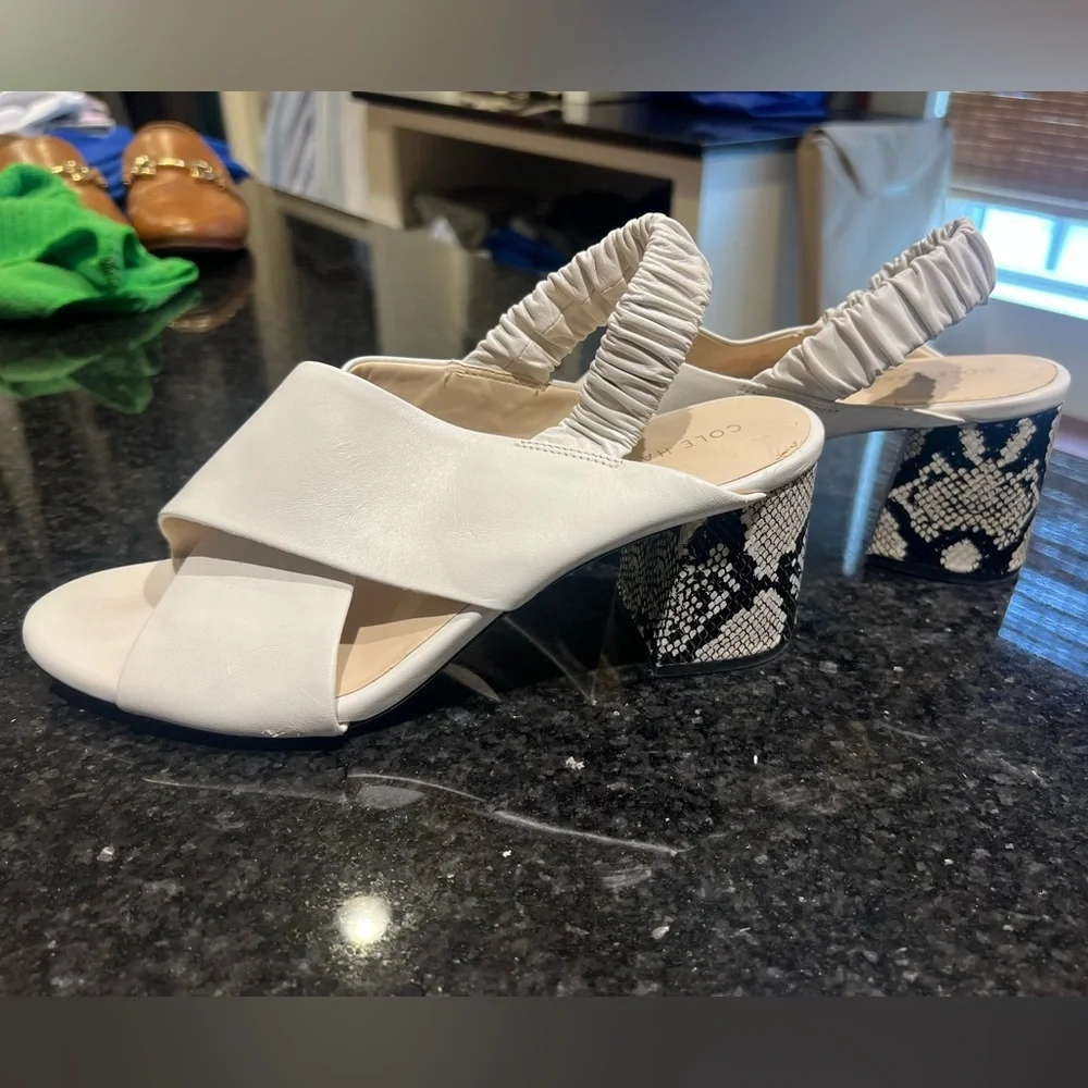 Cole Haan White Sandals with wide straps and snake print heel - Picture 3 of 6